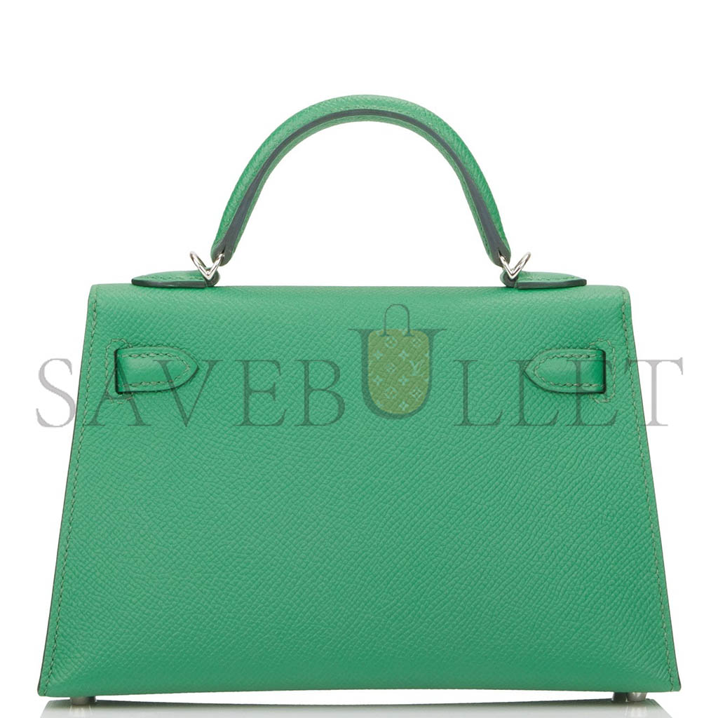 HERMÈS MINI KELLY II EPSOM COMIC GREEN SILVER BUCKLE (19*12*5.5cm) 